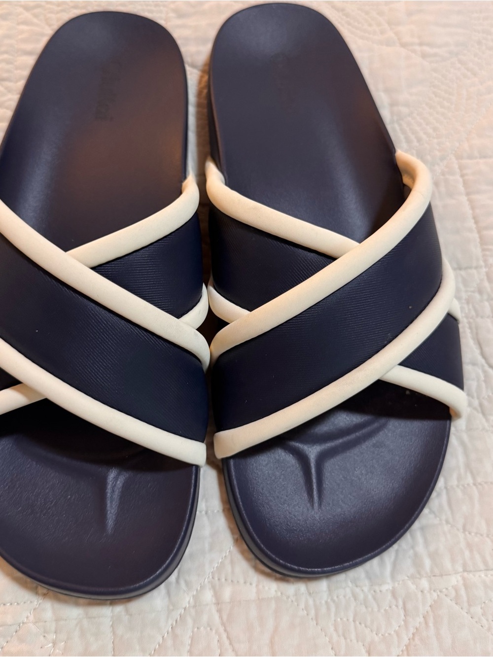 OluKai Navy and Cream Crisscross Slide Sandals Ani